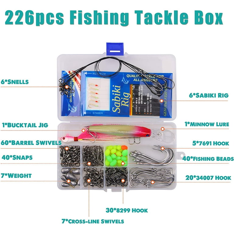 Saltwater Fishing Tackle Kit with Box, 226pcs Surf Fishing Bait Rigs Fishing  Hooks Hard Bait Minnow Bucktail Jig Weights Fishing Swivel Snaps 
