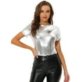 thumbnail image 1 of INSPIRE CHIC Women's Party Metallic Textured Short Sleeve Shiny Multi Color Top Silver L, 1 of 4