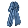 thumbnail image 2 of FAOWME Big Kids Girls Jumpsuits Long Sleeve Lapel Solid Color Lace Up Comfortable Soft Romper For Daily Wear Blue 7-8 Years, 2 of 9