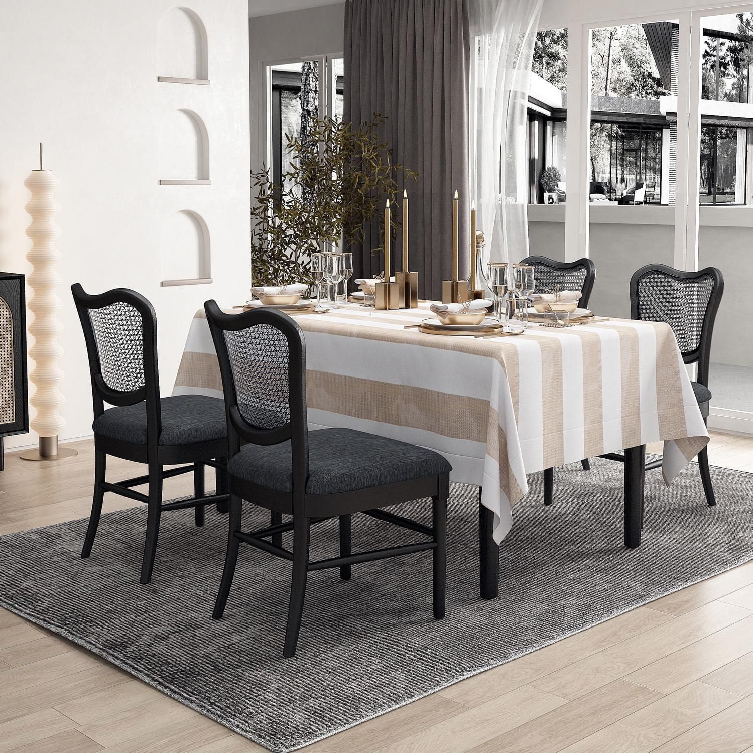 Chaises de salle à manger Lot de 2, chaises latérales rembourrées avec dossier en rotin et pieds en bois, chaises au design moderne du milieu du siècle pour le salon et la cuisine