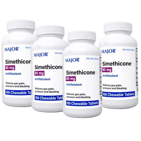 4 Pack - Major Simethicone Gas Relief 80 mg - Anti Flatulence, Bloating and Gas Pressure Aid - 100 Chewable Tablets