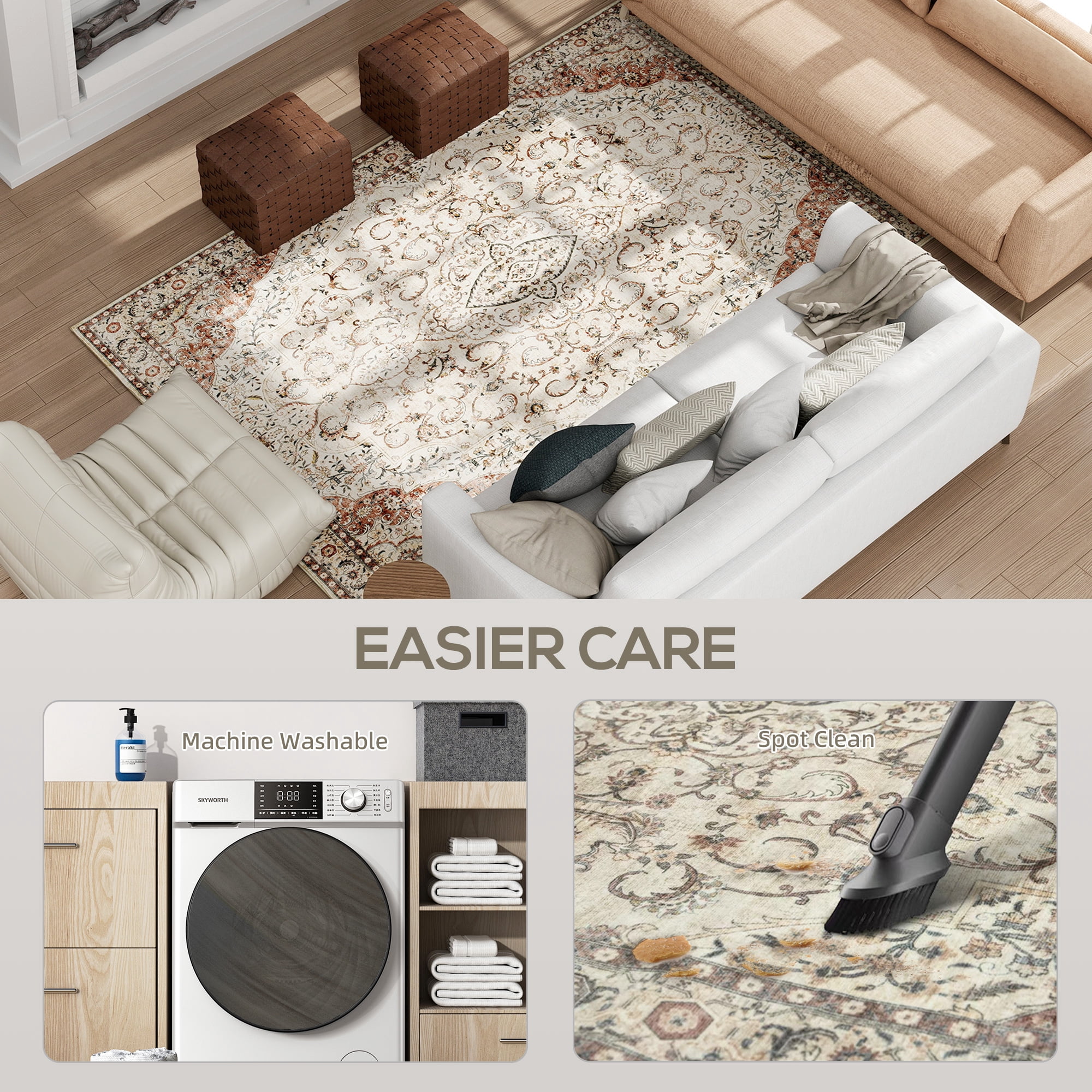 HOMCOM Area Rug 4x6, Machine Washable Rug, Non-Slip Classical Floral Print Floor Carpet for Living Room, Bedroom, Dining Room, Mixed-Brown