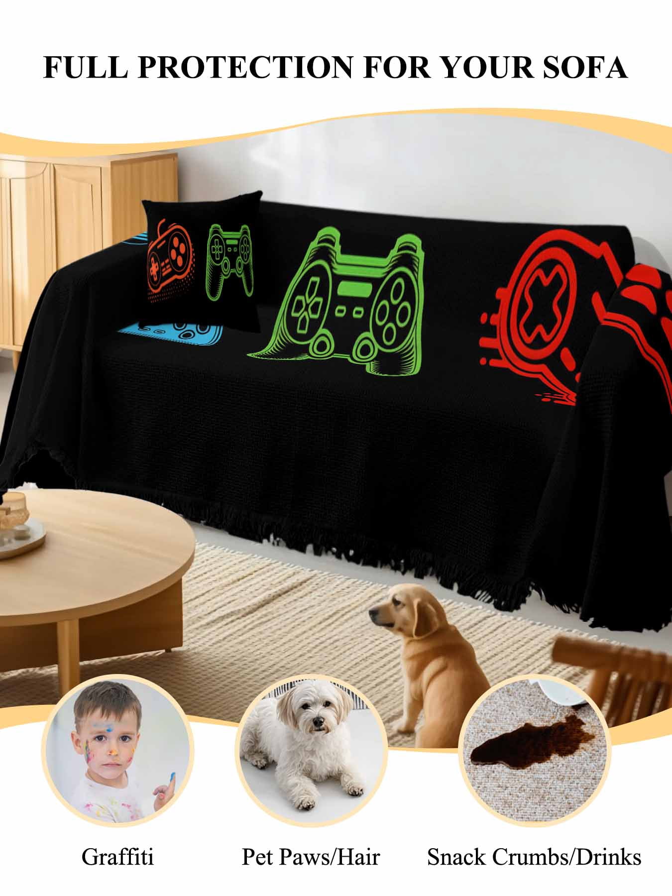 Game Controller Couch Cover, Modern Art Gaming Handheld Black Sofa Cover Blanket for Loveseat Couches, Sectional Sofa Slipcover Furniture Protector for Living Room Bedroom 71''x118''
