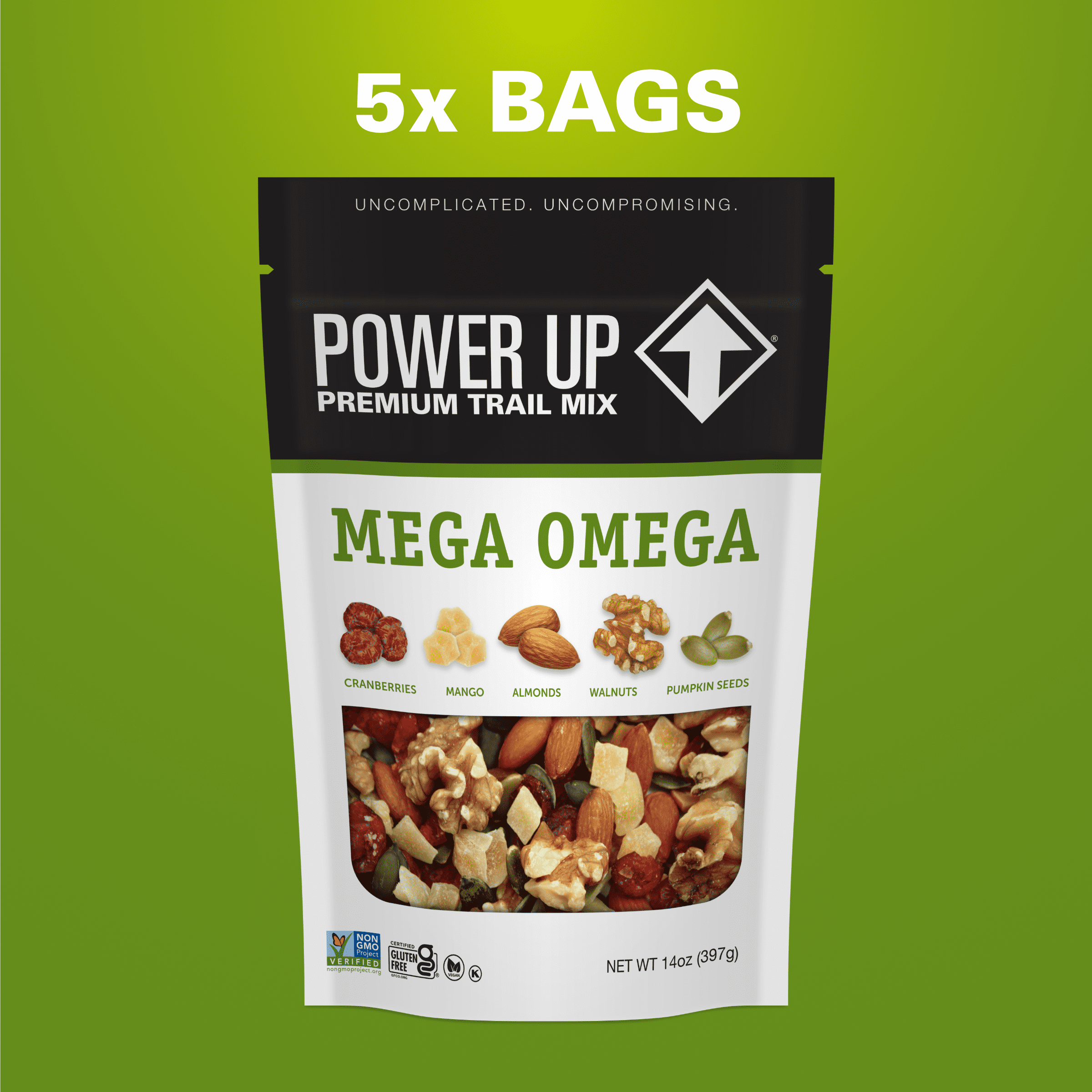 (5 pack) Power Up Trail Mix Mega Omega 14oz, Gluten Free, Vegan, Non-GMO