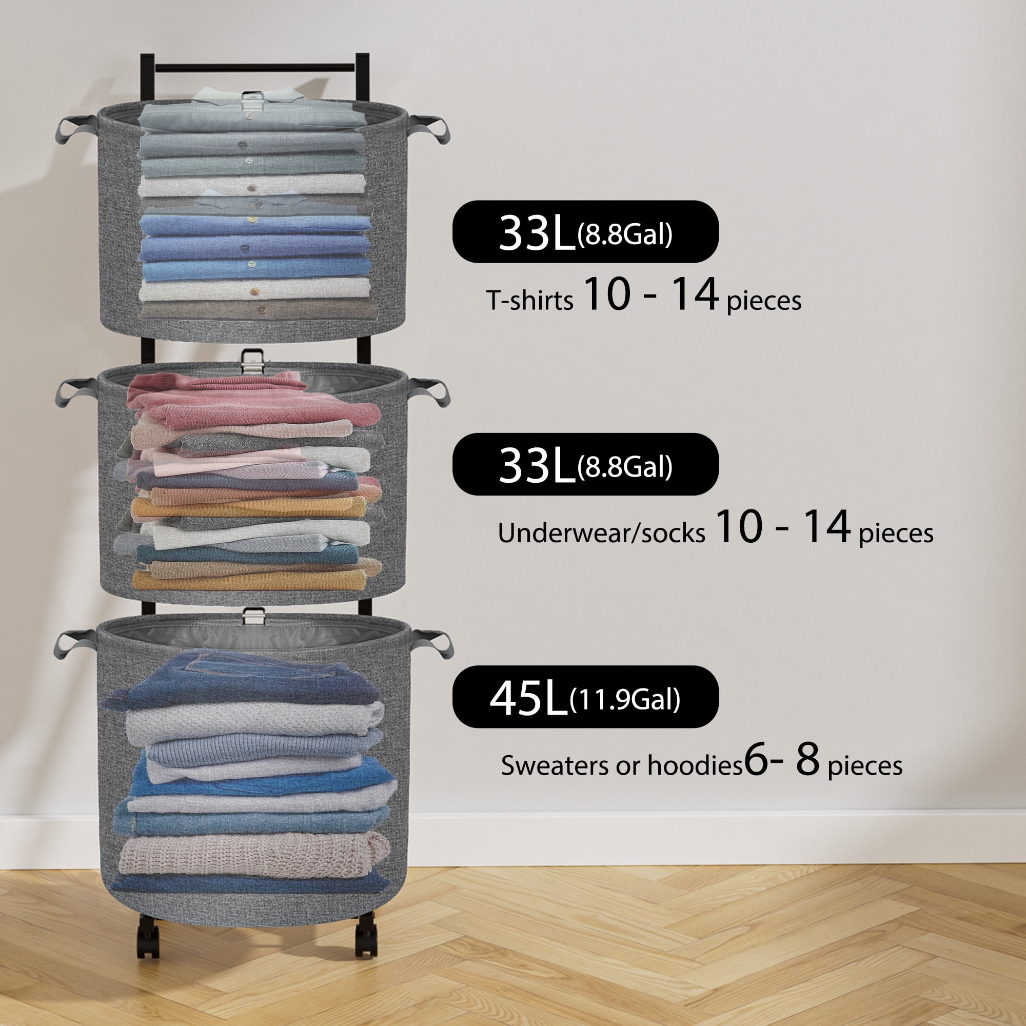 YOUPINS 3-Tier Laundry Hamper Sorter,Laundry Storage Organizer with Wheels Removable Rolling Laundry Baskets for Home,Bathroom,Dorm Laundry Room,Gray