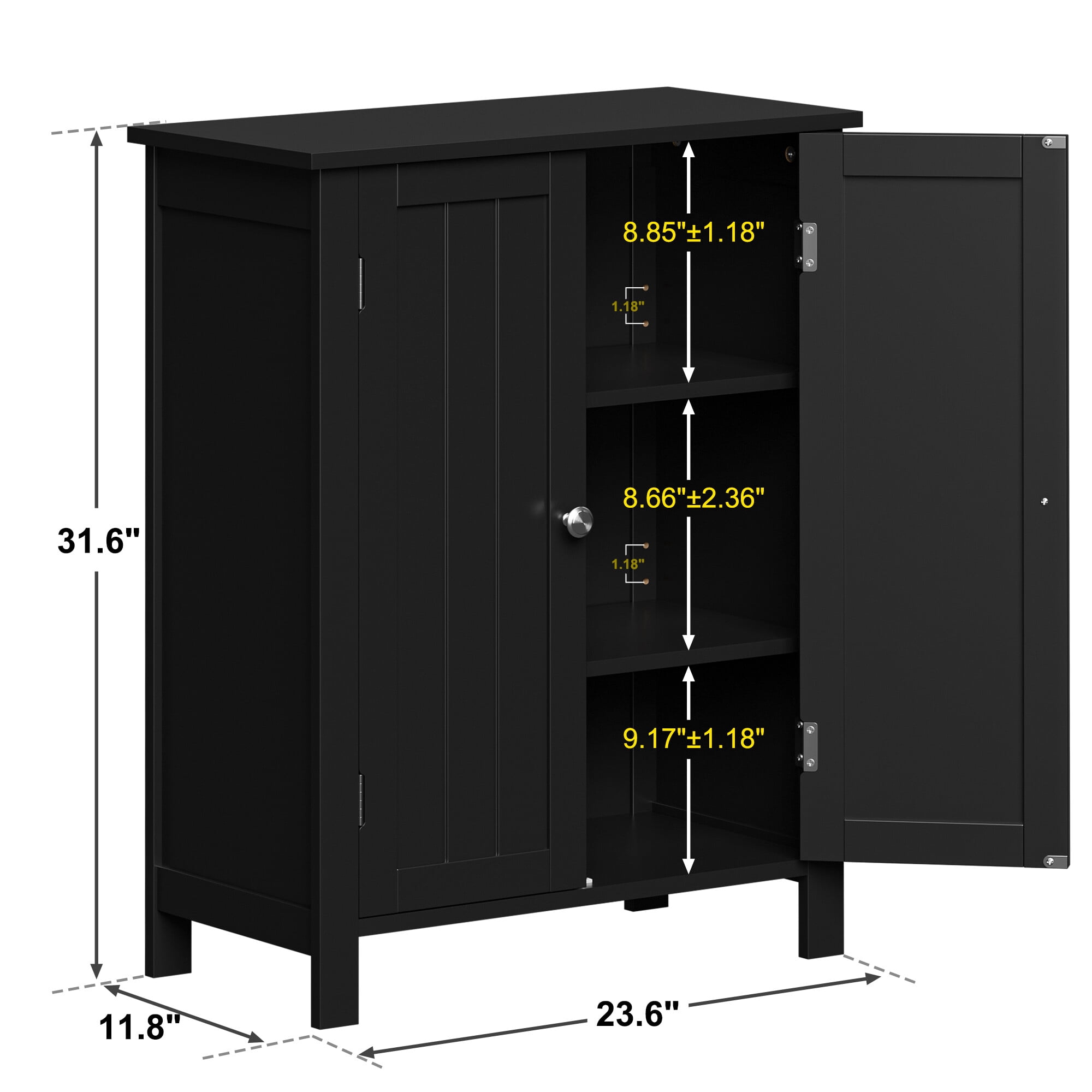 ZENY Wooden 2 Door Bathroom Cabinet Storage with 3 Shelves Free Standing, Black