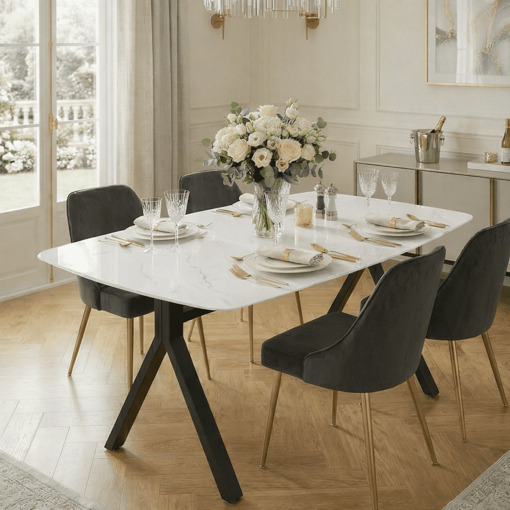 Mintazer 51" Modern Rectangular Dining Table with Marble Tempered Glass Top & Black Metal Legs, Kitchen Table for 4-6 People, Black & White