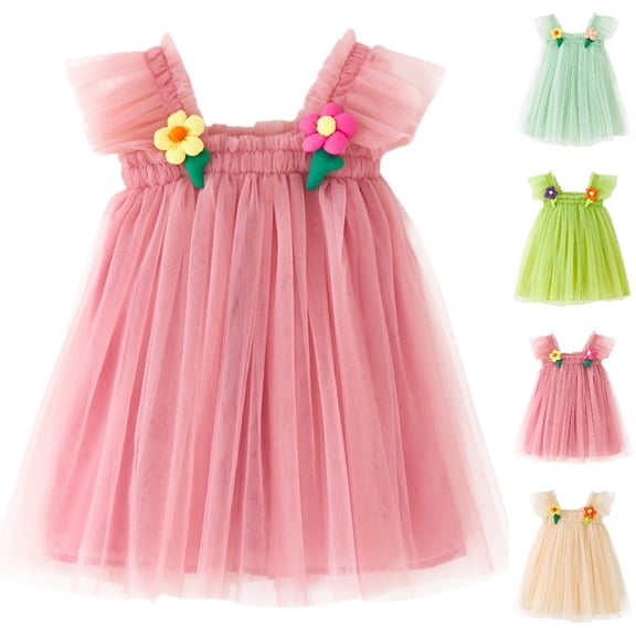 HJYCHN Toddler Dress Sleeveless Flutter Sleeve Floral Mesh Party Gown with 3D Flowers for Carnival Girls Dress 5-6 Years
