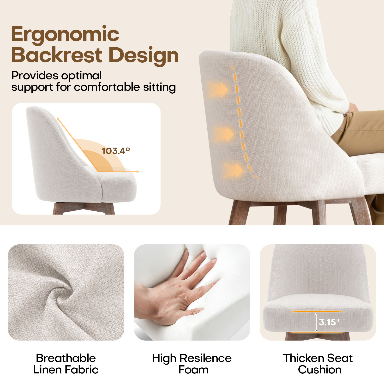 WOOW DEPOT 26" Swivel Bar Stools Large Seat Set of 2, Upholstered Linen Fabric w/ Mid-Back Wood Legs, Modern Armless Island Counter Barstools Kitchen Pub Chair, Off White