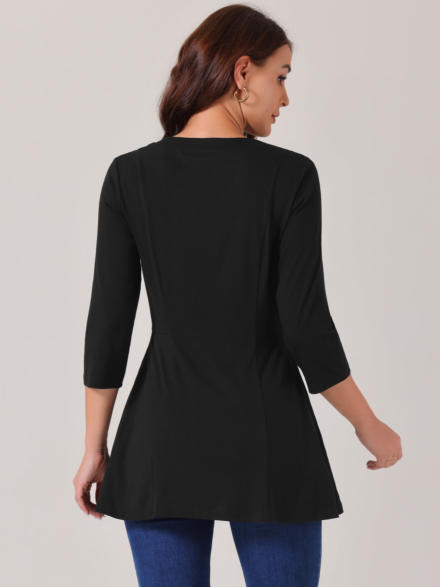 DARING DIVA Women's V Neck 3/4 Sleeve Casual Blouses with Pockets S Black