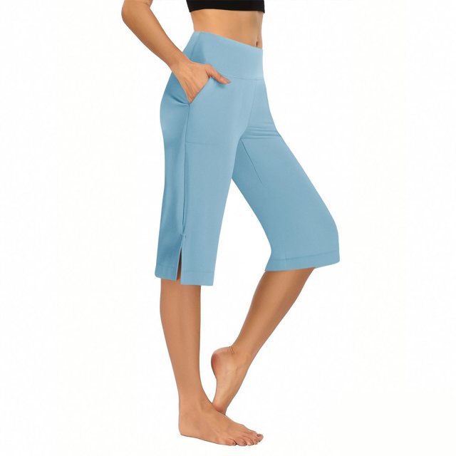 Womens Bermuda Long Shorts Summer Stretch Knee Length Capris Side Silt High Waisted Athletic Shorts with Pockets