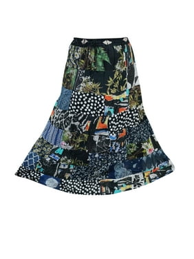 Mogul Womens Long Skirt Dori Gujarati Elastic Waist Vintage Patchwork Printed Boho Chic Gypsy Hippie Bohemian A-Line Skirts