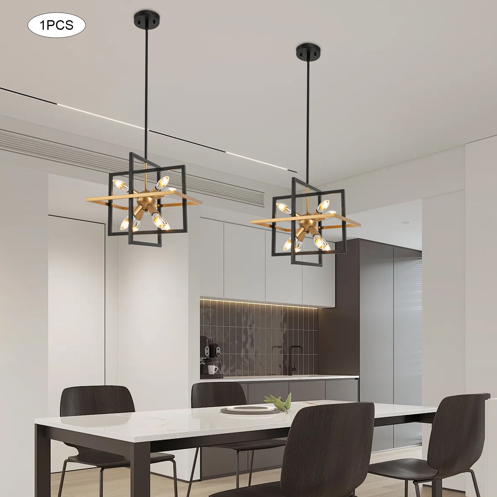 Griptix Modern Ceiling Light with Adjustable Hanging Rods, Elegant Gold and Black Design, 8 Lamp Heads, for Flat and Sloped Ceilings, Easy to Install