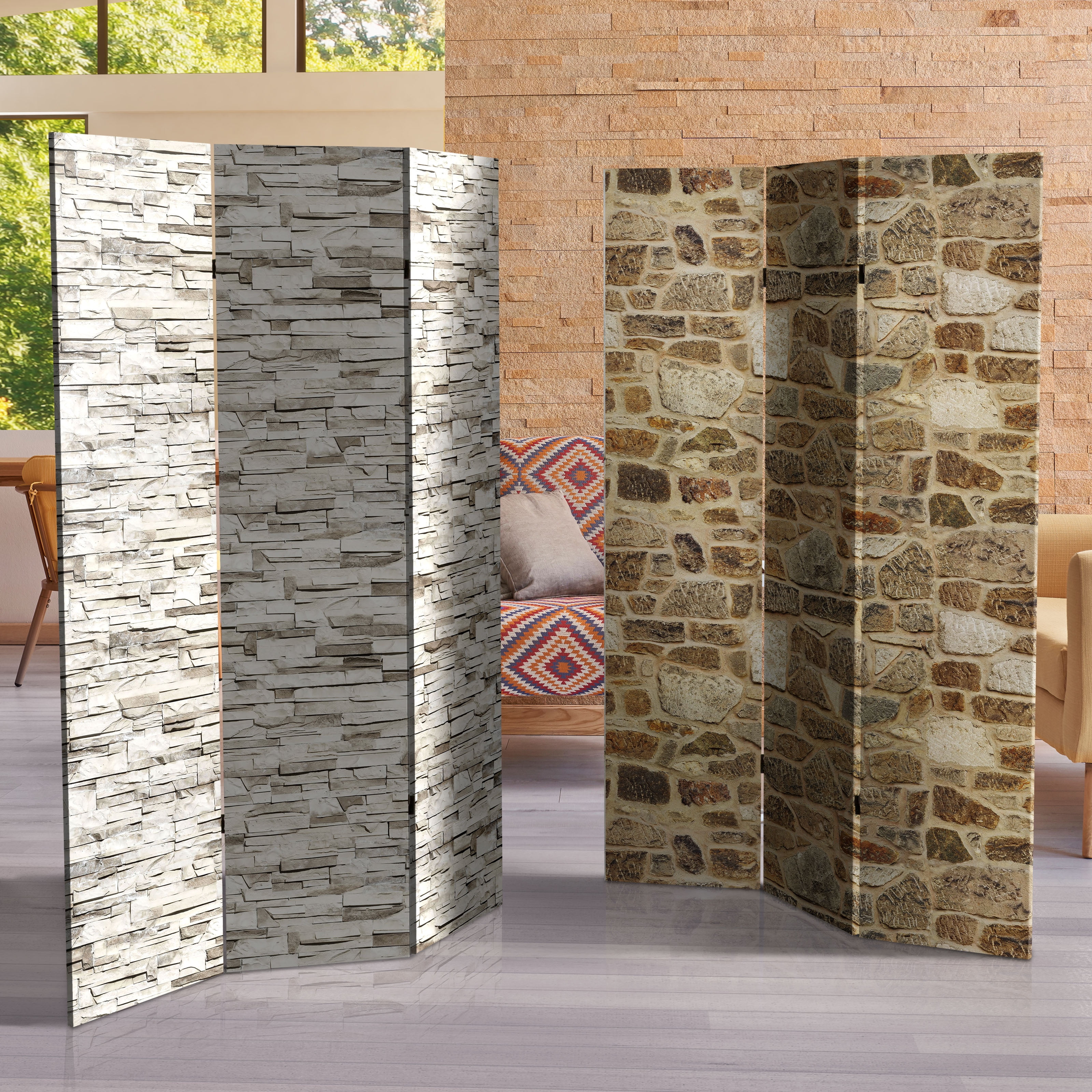 Oriental Furniture 6 ft. Tall Stone Wall Canvas Room Divider - 3 Panel
