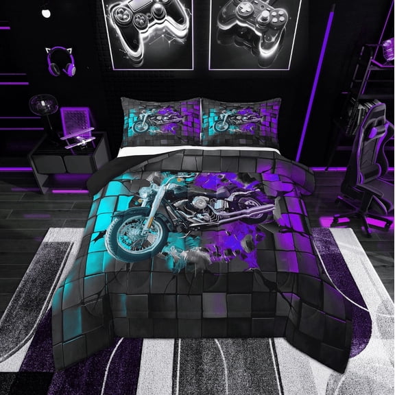 Erosebridal Motorcycle Motorbike Bedding Twin Comforter Set,Extreme Sports Down Comforter,Plaid Buffalo Bedding Sets Twin with Comforter,Super Cozy Teens Bedroom Decor,Reversible,2-Piece