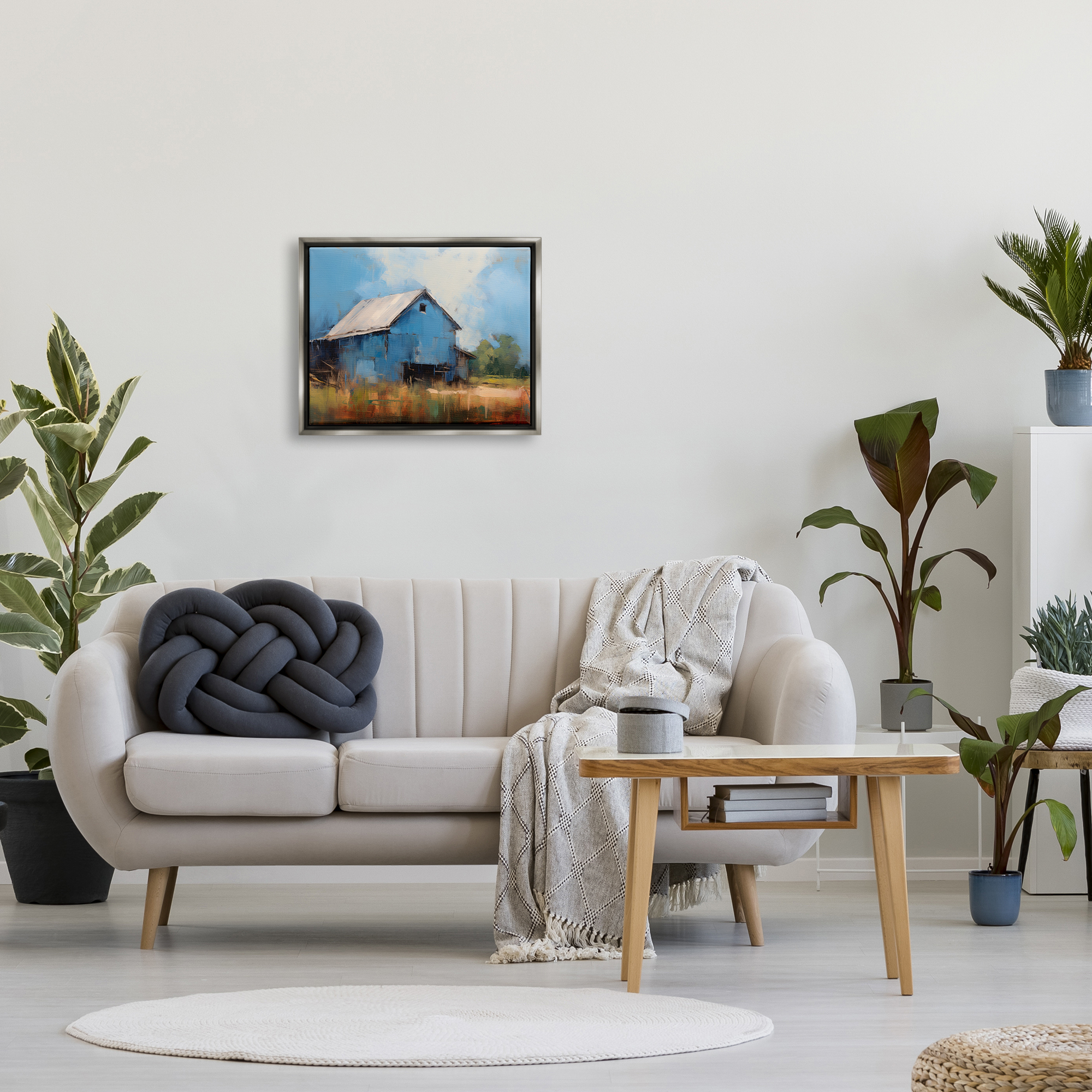 Stupell Industries Modern Barn Painting Travel & Places Painting Gray Floater Framed Canvas Art Print Wall Art, 21 x 17