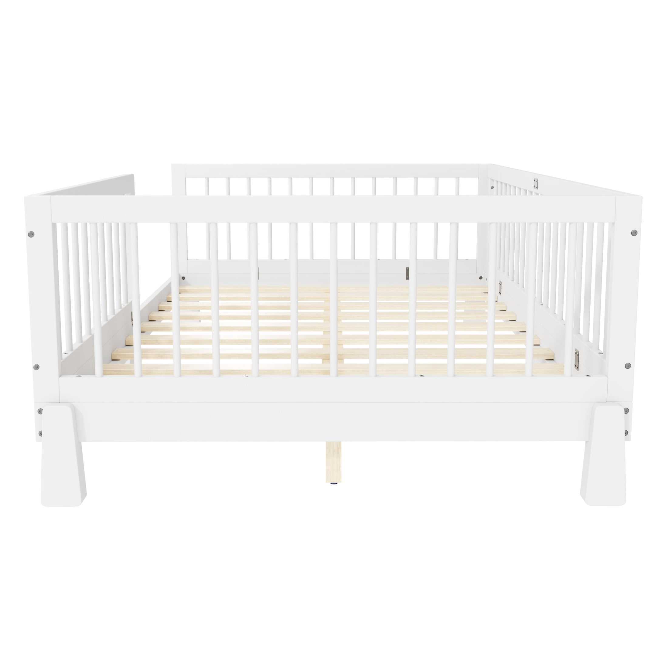 GDF Studio Rolley Full-Size 3-in-1 Convertible Montessori Floor Bed with Guardrails, Pine Wood Kids Bed Frame, White