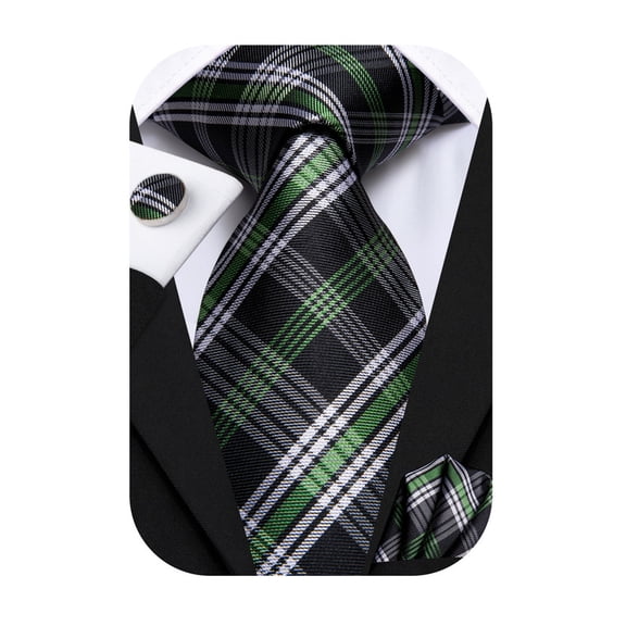 Hi-Tie Men's Green and Black Plaid Silk Tie Pocket Square Cufflinks Set for Wedding Business Tuxedo