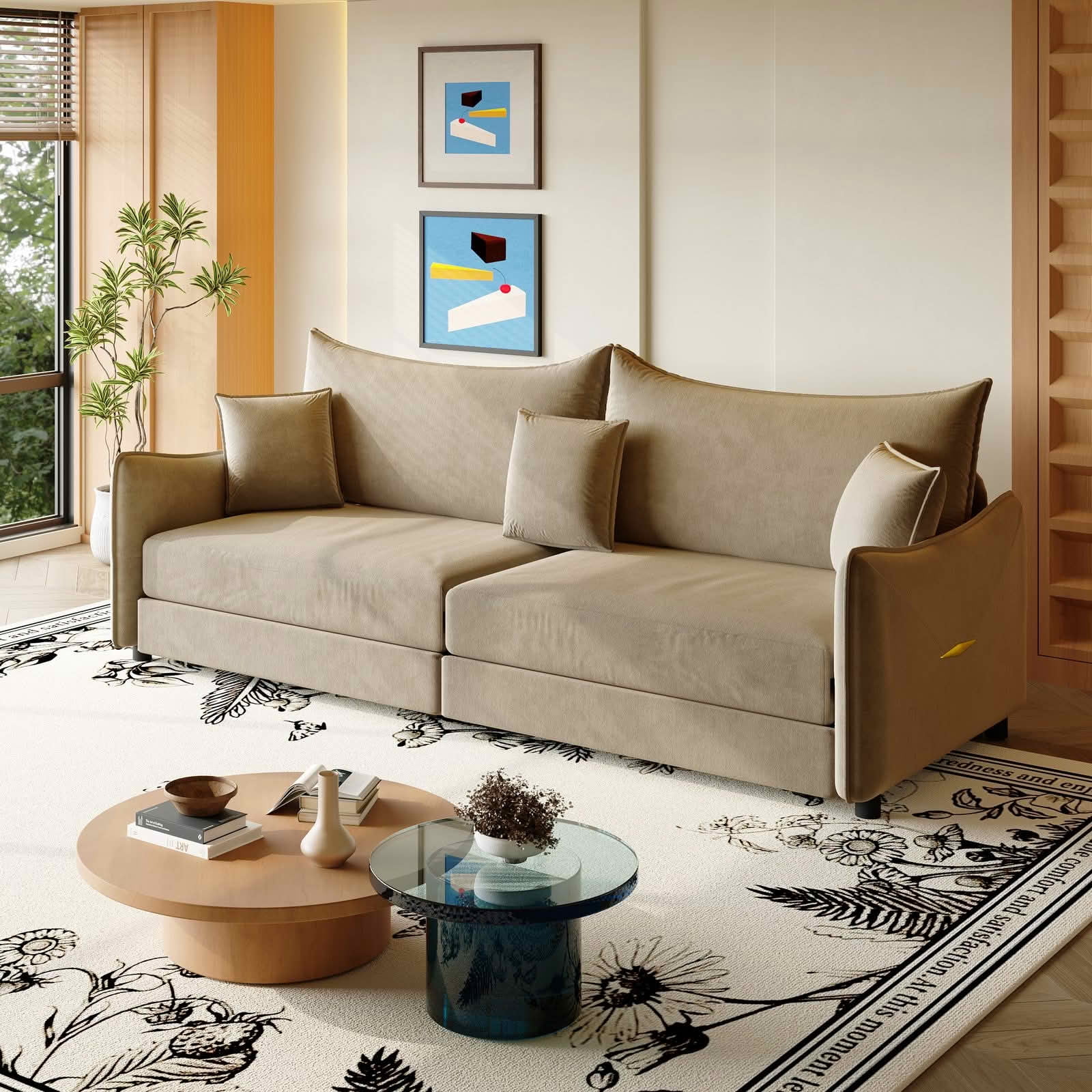 MAYEERTY 81.9" King Pull‑Out Velvet Sofa Bed, 3‑in‑1 Convertible 3‑Seater Couch with Golden Accent, 3 Pillows Included for Small Space & Living Room