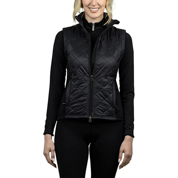 Kastel Denmark Women's Lightweight Sleeveless Quilted Puffer Vest | Full Zip Solid Color with Zipper Pockets and Stand Collar (Black, Small)