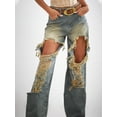 thumbnail image 4 of Women's Mid Rise Wide Leg Jeans Extreme Distressed Vintage Washed Denim Pants Y2K Retro Streetwear, 4 of 6