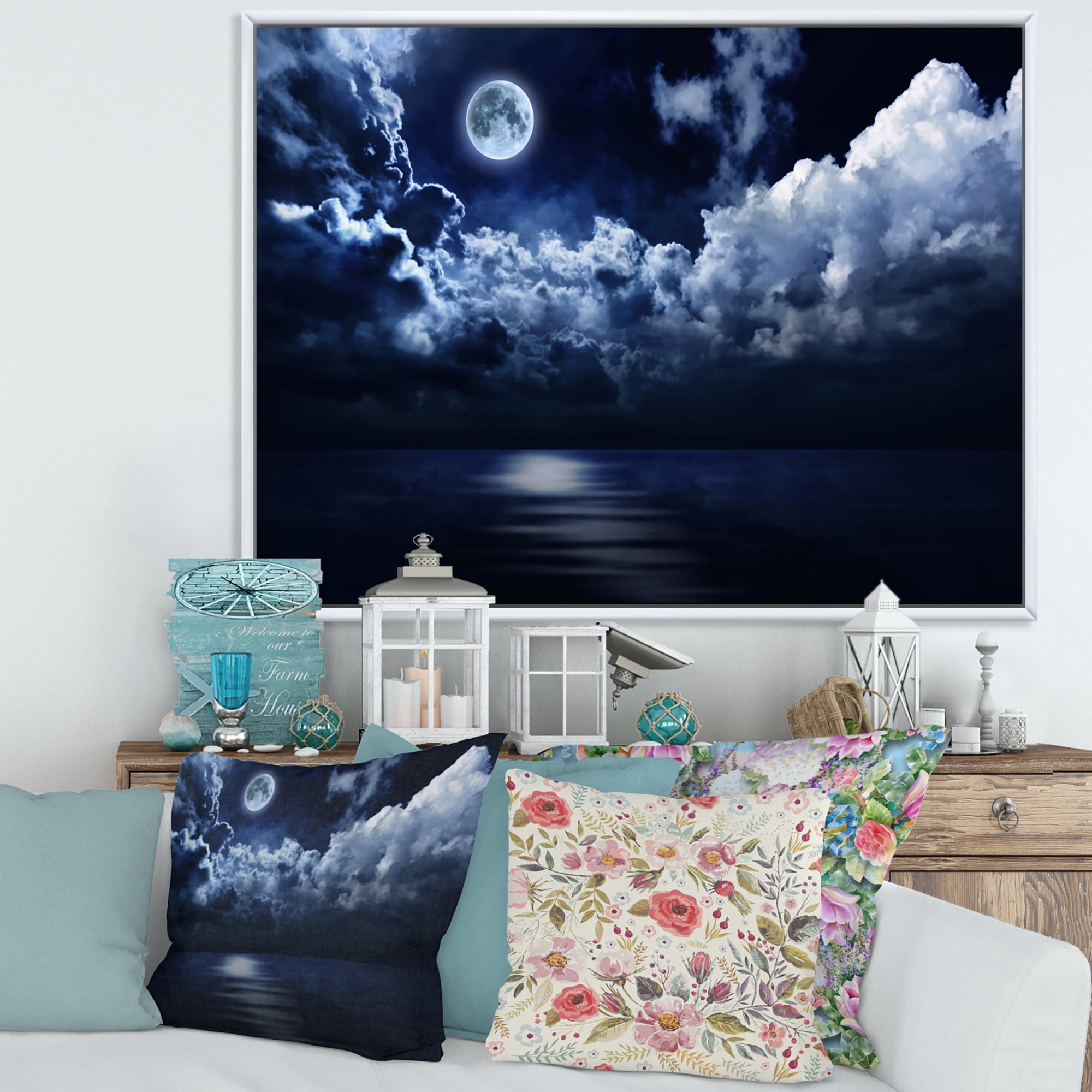 Designart 'Full Moon Night in Cloudy Sky' Modern Framed Canvas Wall Art Print