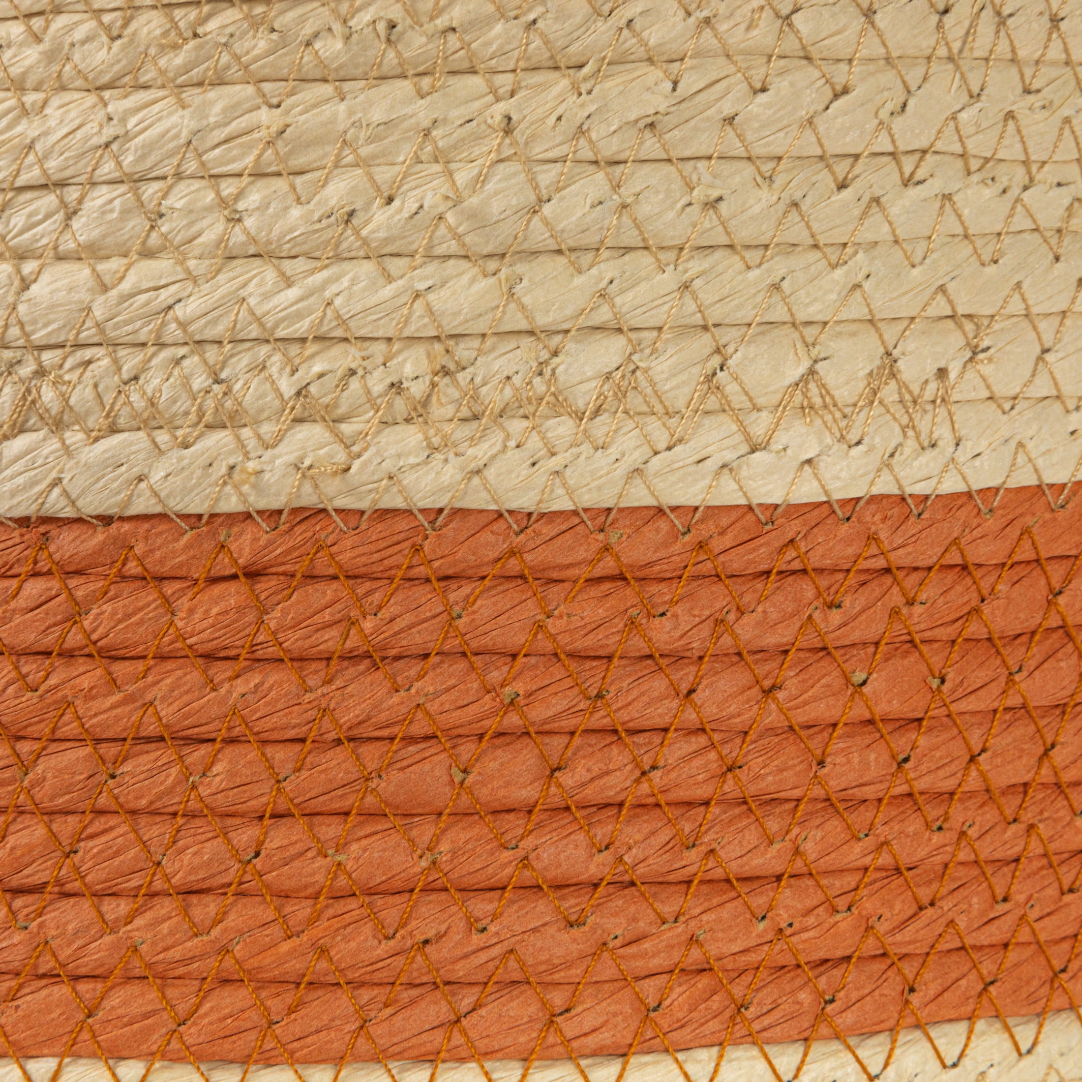 Household Essentials Round Handwoven Paper Rope Basket with Terracotta Stripe and Handles, Natural