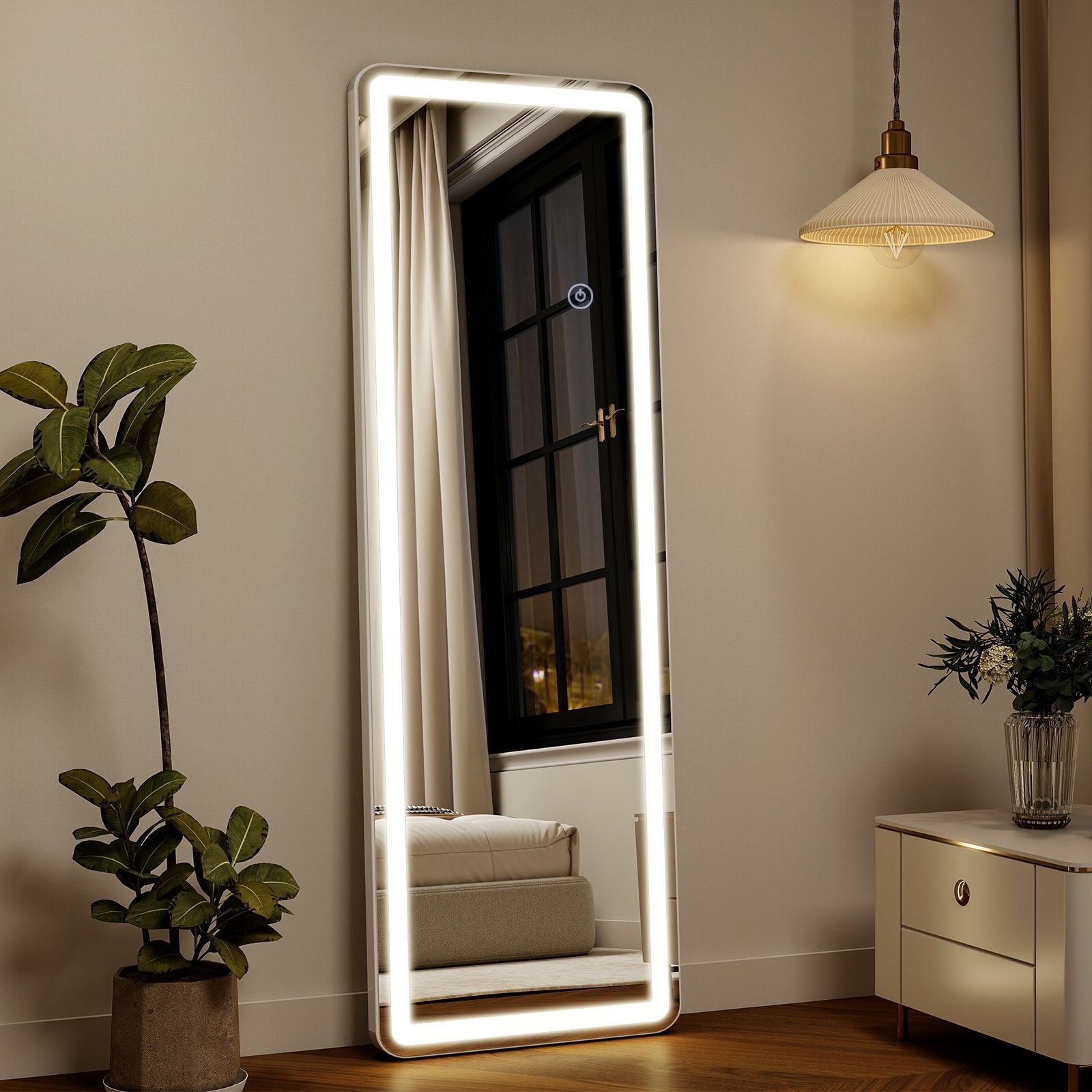 Easy4Home 60" x 16" LED Rectangular Full Length Mirror with Adjustable Lights Standing Mirror Wall Mounted, White