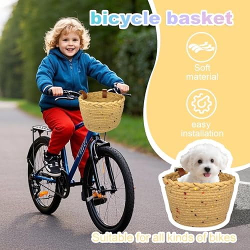 Kids Bike Basket Rope Woven Front Bicycle Basket for Boys Girls Kids Front Handlebar Basket for Scooter,Balance Bikes Cute Bike Basket with Colored Spots