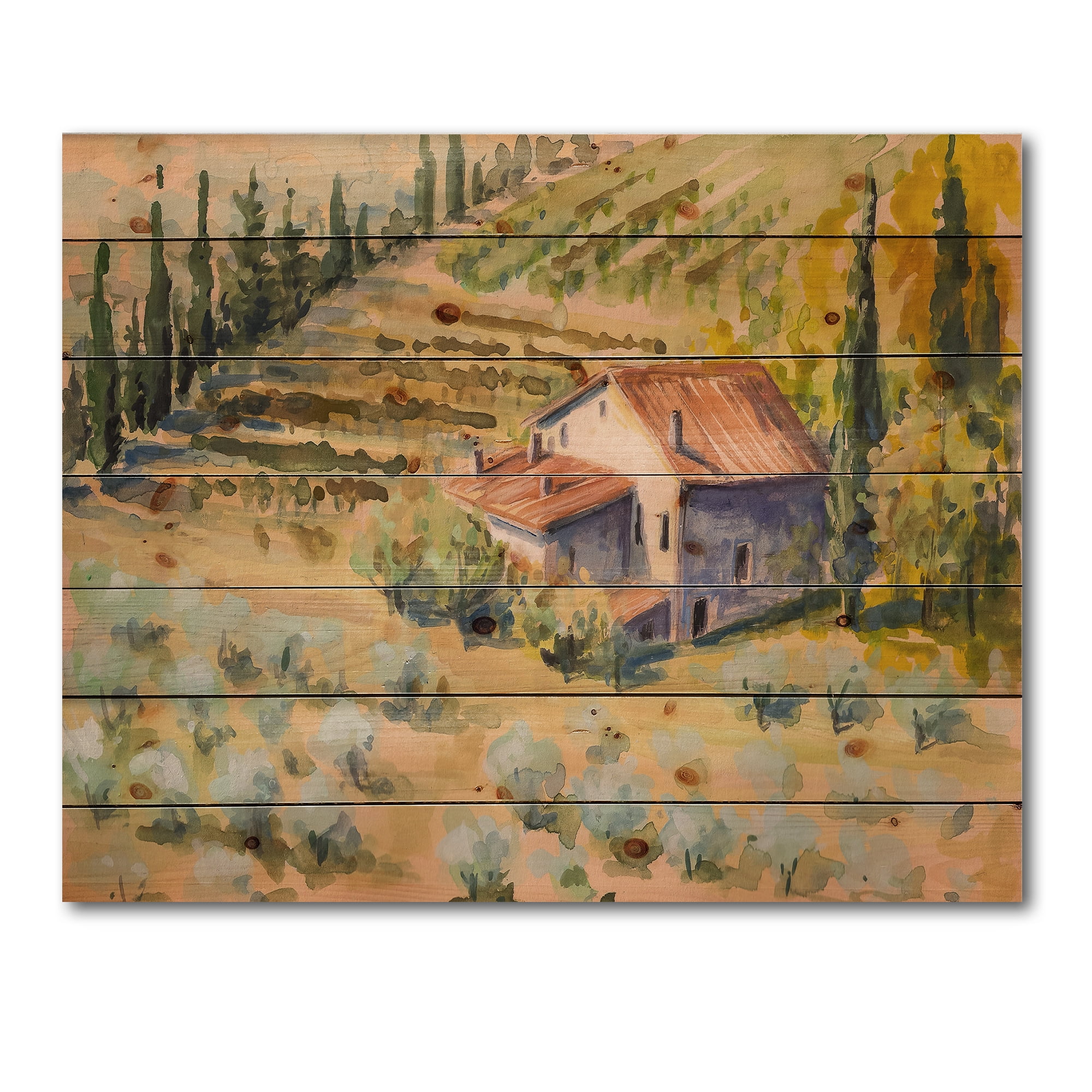 Designart 'Little Farmhouse In Countryside' Country Print on Natural Pine Wood