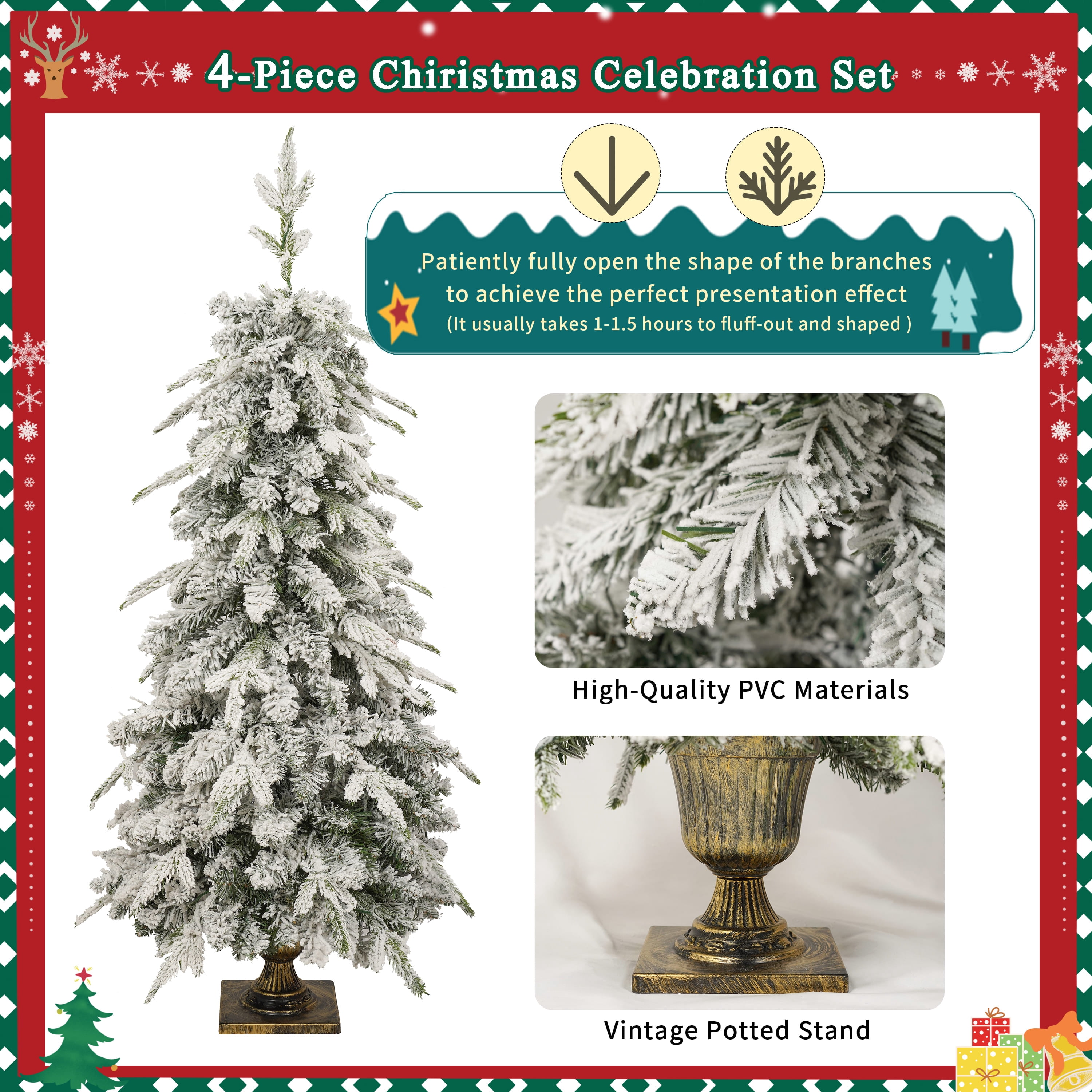 4-Piece Prelit Christmas Tree Set 330 Warm White LED Lights 840 Tips Entrance Tree Garland Wreath Indoor Decor