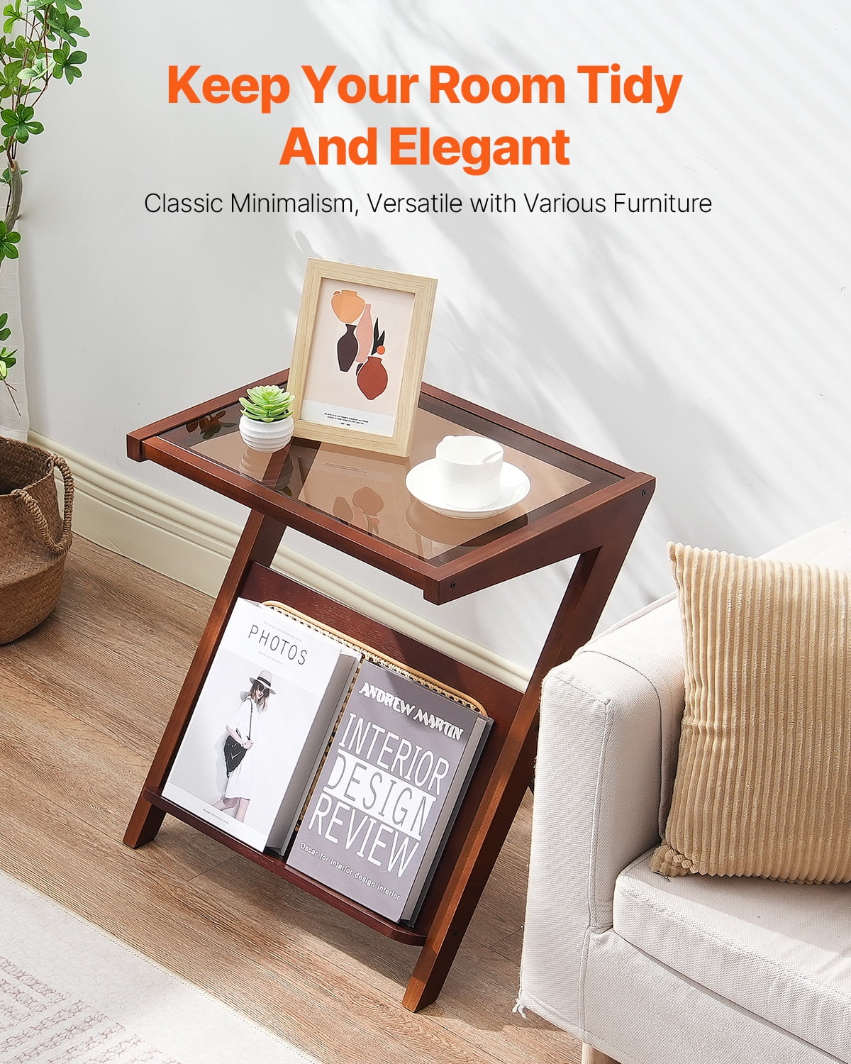 KFFKFF Bamboo Coffee Table, Contemporary Z-Form Rattan Weaved Table with Reinforced Glass Surface, 20” Bohemian Style Storage Table with Authentic Bamboo Stands, Suitable for Lounge, Bedroom