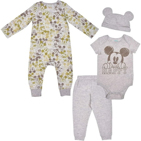 

Disney 3 Pack Mickey Mouse Jogger and creepers Set with Cap Bodysuit Bundle for Baby Size 6M Off-White