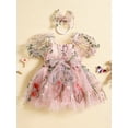 thumbnail image 3 of vera natura Newborn Girl Outfit, Puff Sleeve Embroidery Flower A-line Romper Dress with Bow Headband Clothes, 3 of 9