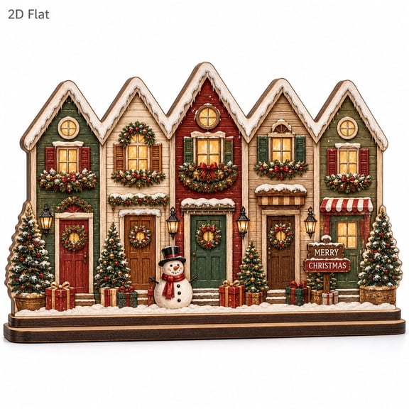 Christmas Village Wooden Block, Traditional Holiday Shelf Decor, Snowy Houses Wreath Snowman Lantern Christmas Decor