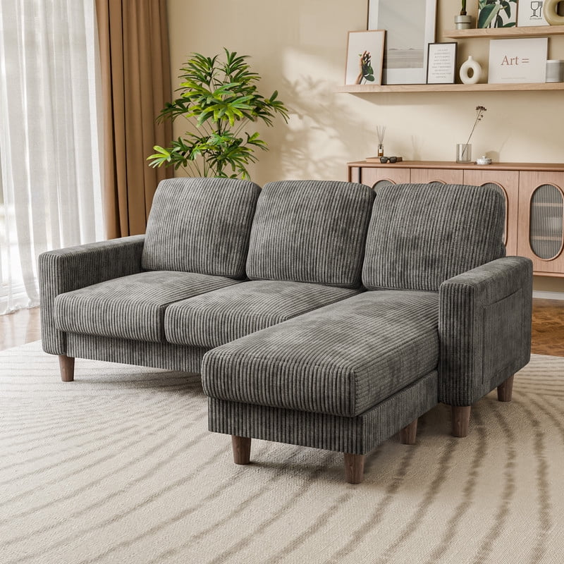 Lacoo 3 Seat Sectional Sofa L-Shaped Couch with Reversible Ottoman Convertible Cloud Couch for Living Room,Corduroy Gray
