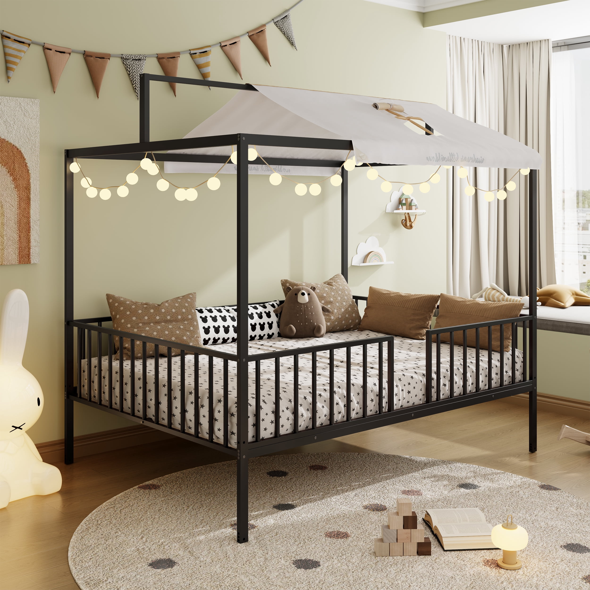 Euroco 3-in-1 Convertible Montessori Metal Bed, Toddler Bed, Floor Bed, Platform Bed,Modern Minimalist Design Canopy Bed Flame, Easy Assembly, Full Size, Black