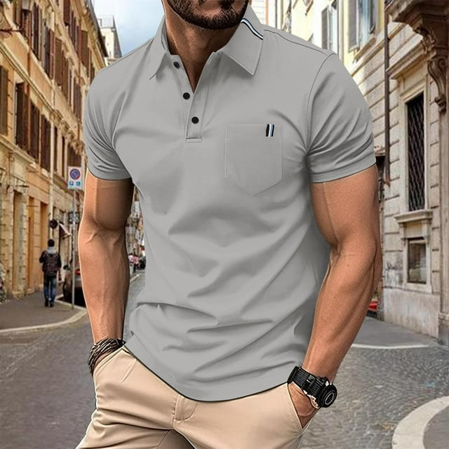 Playeras Elvqul para Hombre Gris Gym Playa Liso Manga Corta con Solapa