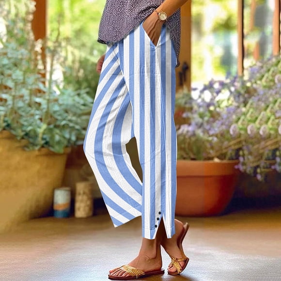 Nfurl Women's Striped Cotton Linen Pants Summer Vacation Cropped Pant Dressy Casual Straight Leg Elastic Waist Linen Trouser Pants Light Blue L