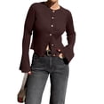 thumbnail image 3 of Suéter de Cuello Redondo Acanalado para Mujer, Camisa de Punto Acampanada de Larga con Botones y Abertura Frontal, Conjunto de Otoño Marrón L, 3 of 6