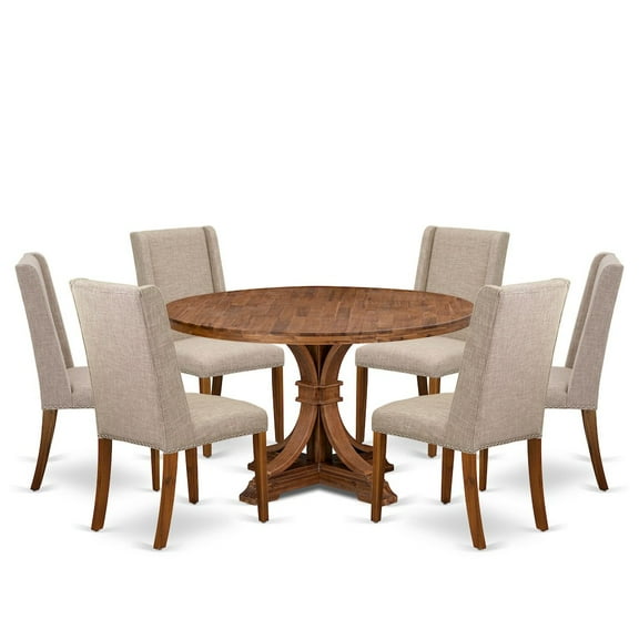 Luxe by East West Furniture 7-Piece Mid-Centrury Dining Set A Wood Table, 6 Light Tan Fabric Parsons Chair