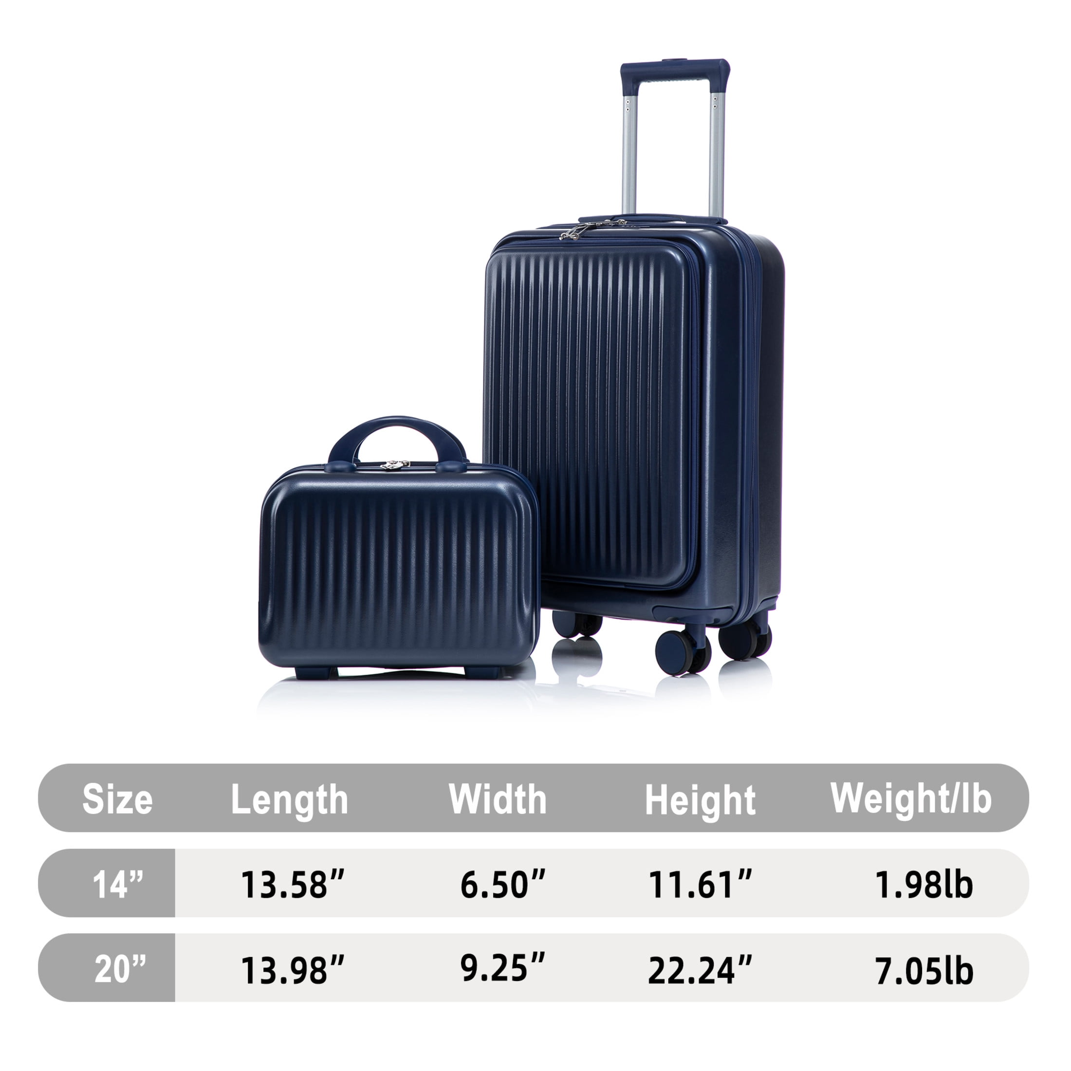GDF Studio 20" Carry-On Spinner Luggage Set with 14" Cosmetic Case, Lockable and Front Opening, Navy