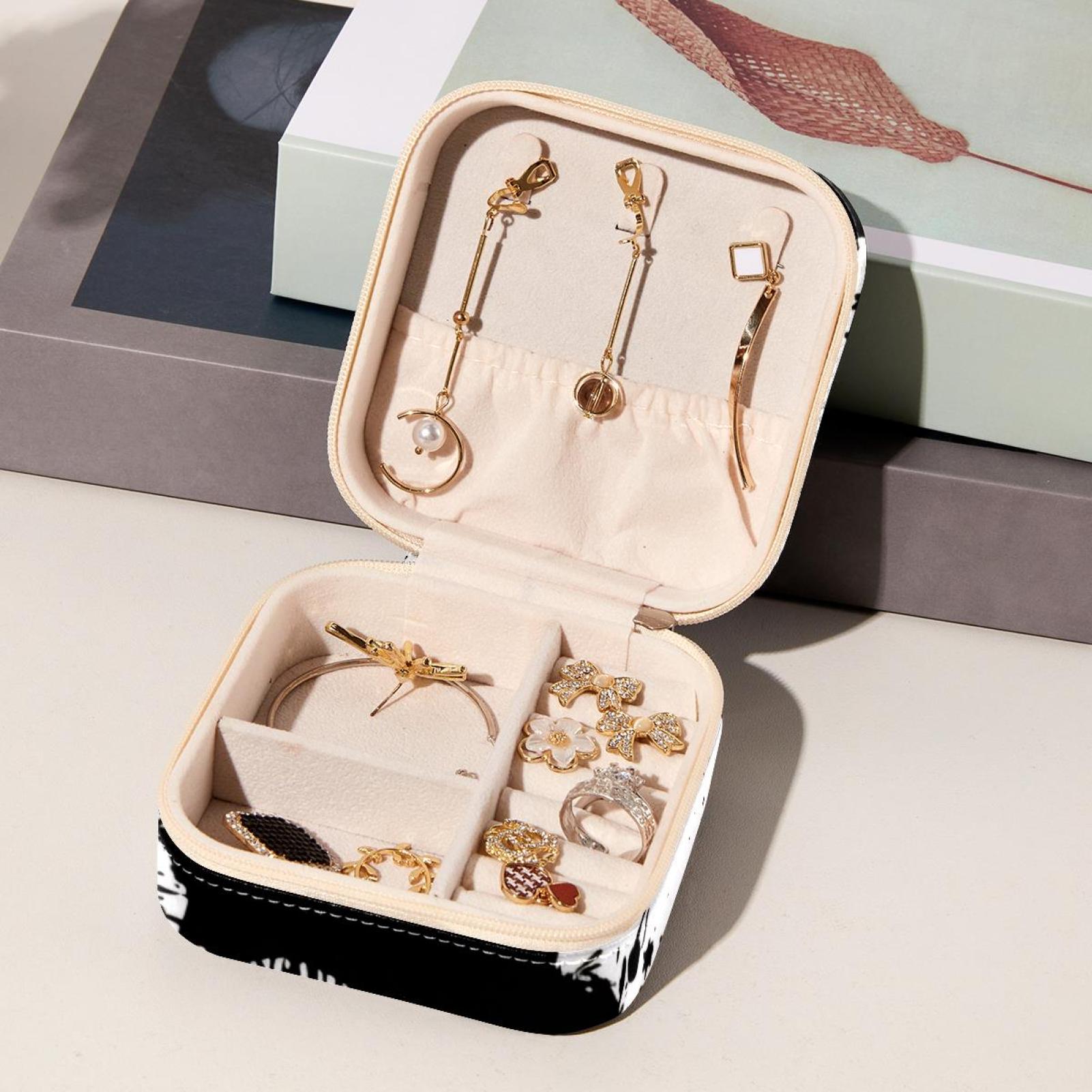 PhooArto Small Jewellery Box, Black Ink Splatter Dots Ship Portable Travel Mini Jewelry Case for Women Leather Ring Organizer