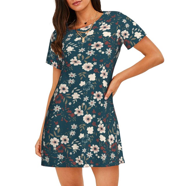 Easygdp Vintage Floral Camisón de manga corta para mujer, informal, estampado