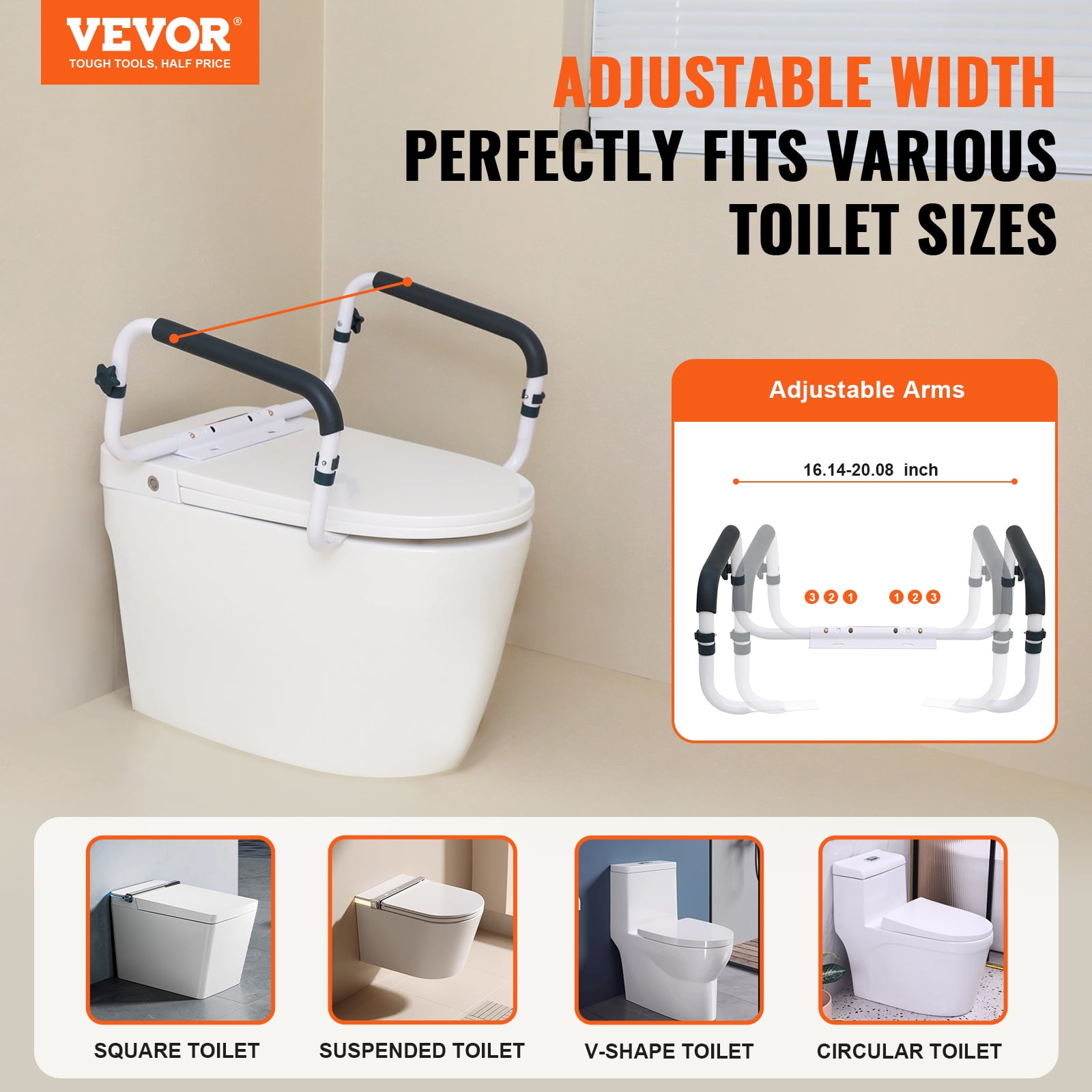 KFFKFF Toilet Safety Rail Seat Frame for Elderly Adjustable Handrail Grab Bar