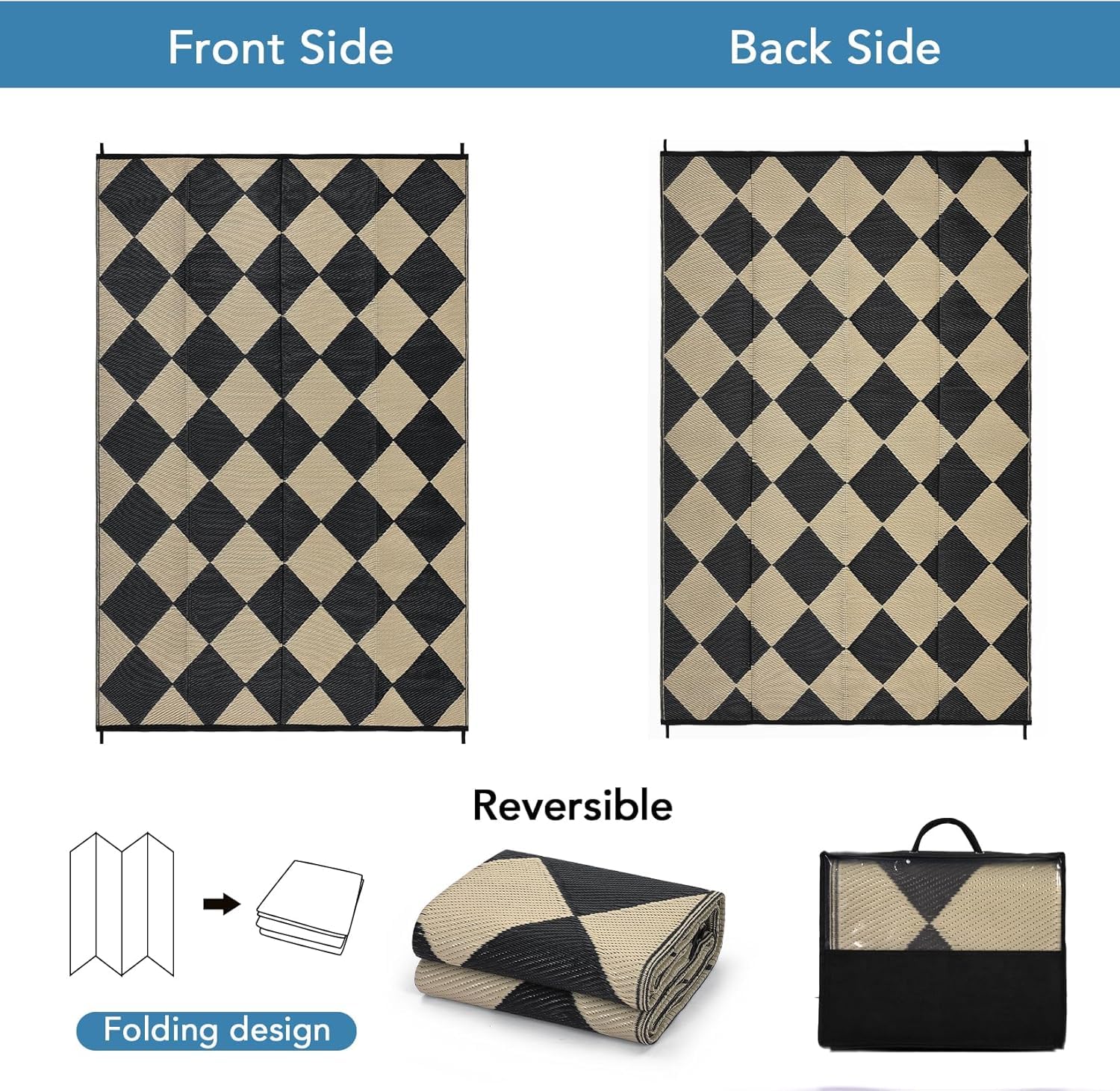 Danolapsi 8x10 Outdoor Rug Waterproof Reversible Outdoor Plastic Straw Rug with 4 Stakes & Portable Bag Boho Patio Rugs Carpet RV Mat Easy to Clean Checkered Floor Carpet for Patio Camp Balcony Deck