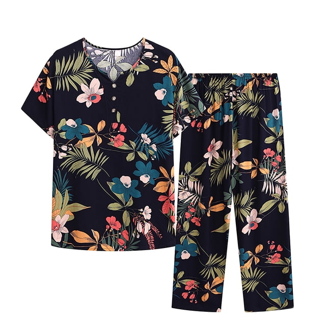 Tnhcen Ensemble de Pyjama d'Été pour Femmes en Lin 2 Pcs / Haut à Manches Courtes Boutonné Col Rond Imprimé Rétro + Pantalon Taille Élastique / TG-4TG
