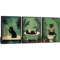 Funny Black Cat Bathroom Canvas Wall Art Cute Cat Wash Its Paws Reading Newspaper Poster Modern Abstract Green Aesthetic Animal Prints Painting For Bathroom Toilet Wall Decor Unframed