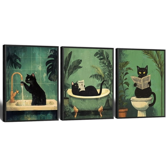 Funny Black Cat Bathroom Canvas Wall Art Cute Cat Wash Its Paws Reading Newspaper Poster Modern Abstract Green Aesthetic Animal Prints Painting For Bathroom Toilet Wall Decor Unframed