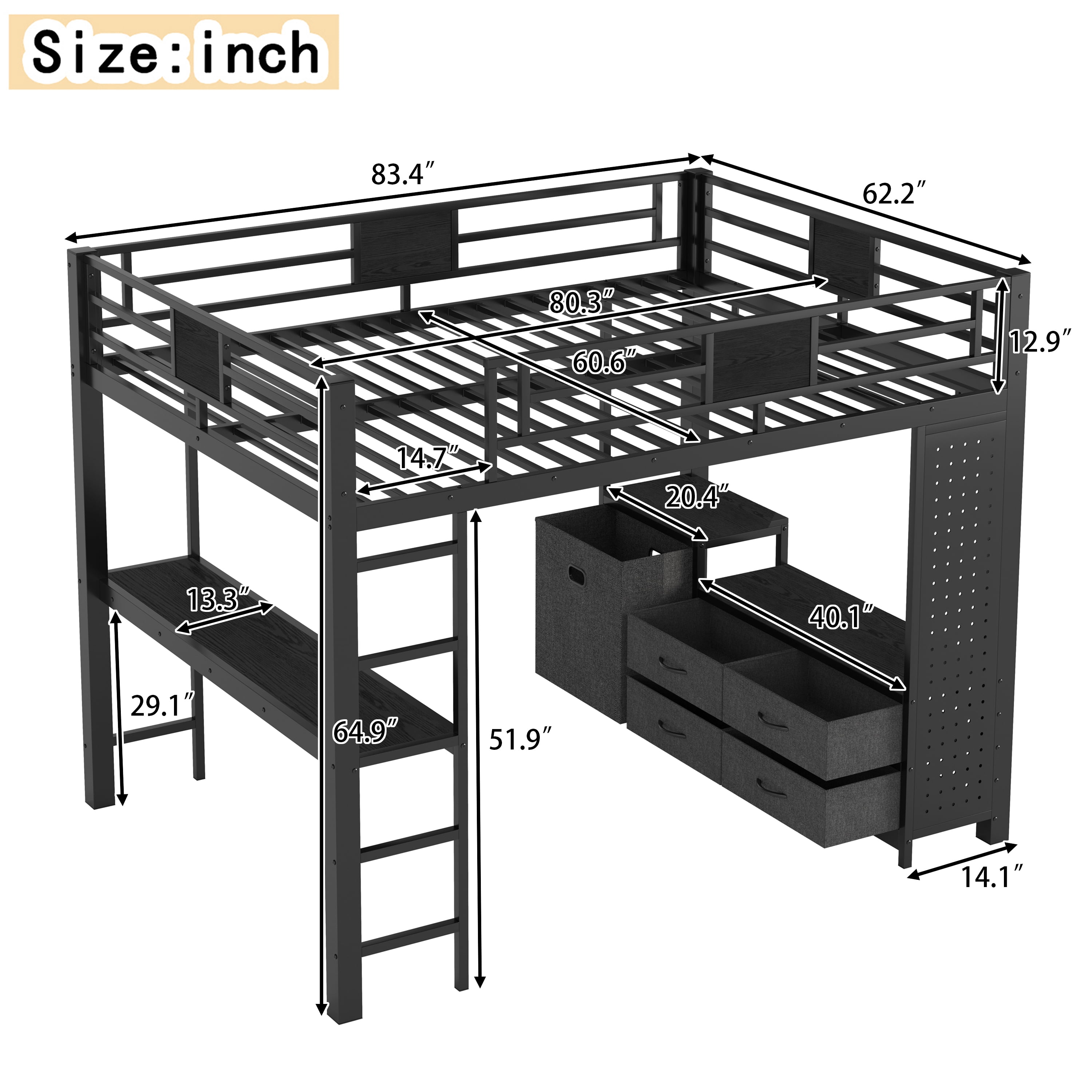 Queen Size Loft Bed with Desk & Storage Shelves, Metal Loft Bed Frame with Clothesline Pole & Pegboard, Space-Saving Adult Loft for Dorms, Apartment, Black